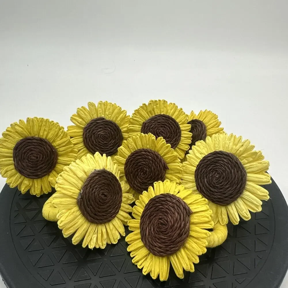 Sunflower Yellow Napkin Rings 2” Woven Raffia Place Set 8 Cottage Core NEW